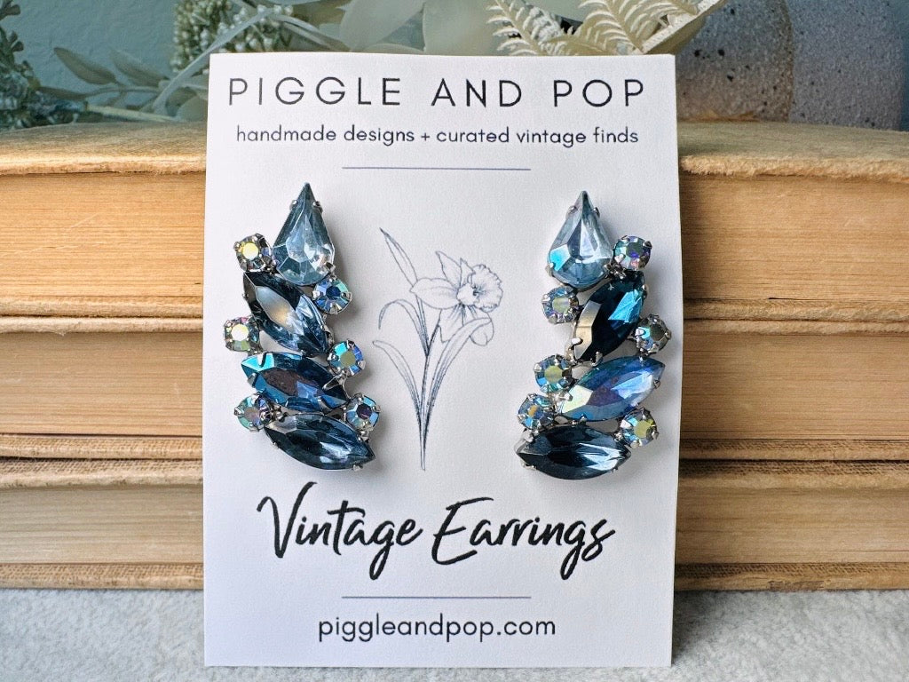 Blue Vintage Crystal Cocktail Earrings, 1960s Marquise Rhinestone Climber Statement Earrings