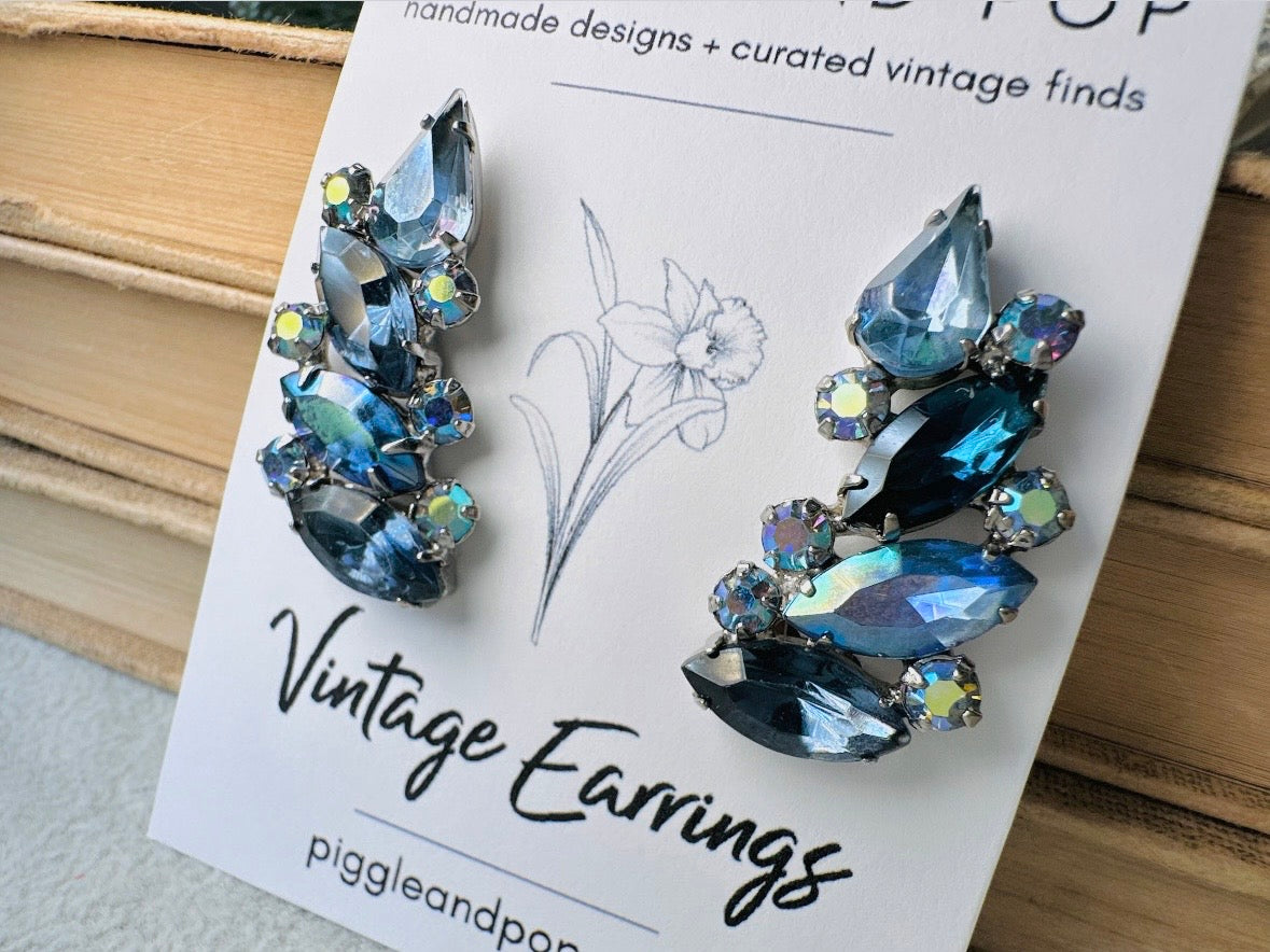 Blue Vintage Crystal Cocktail Earrings, 1960s Marquise Rhinestone Climber Statement Earrings