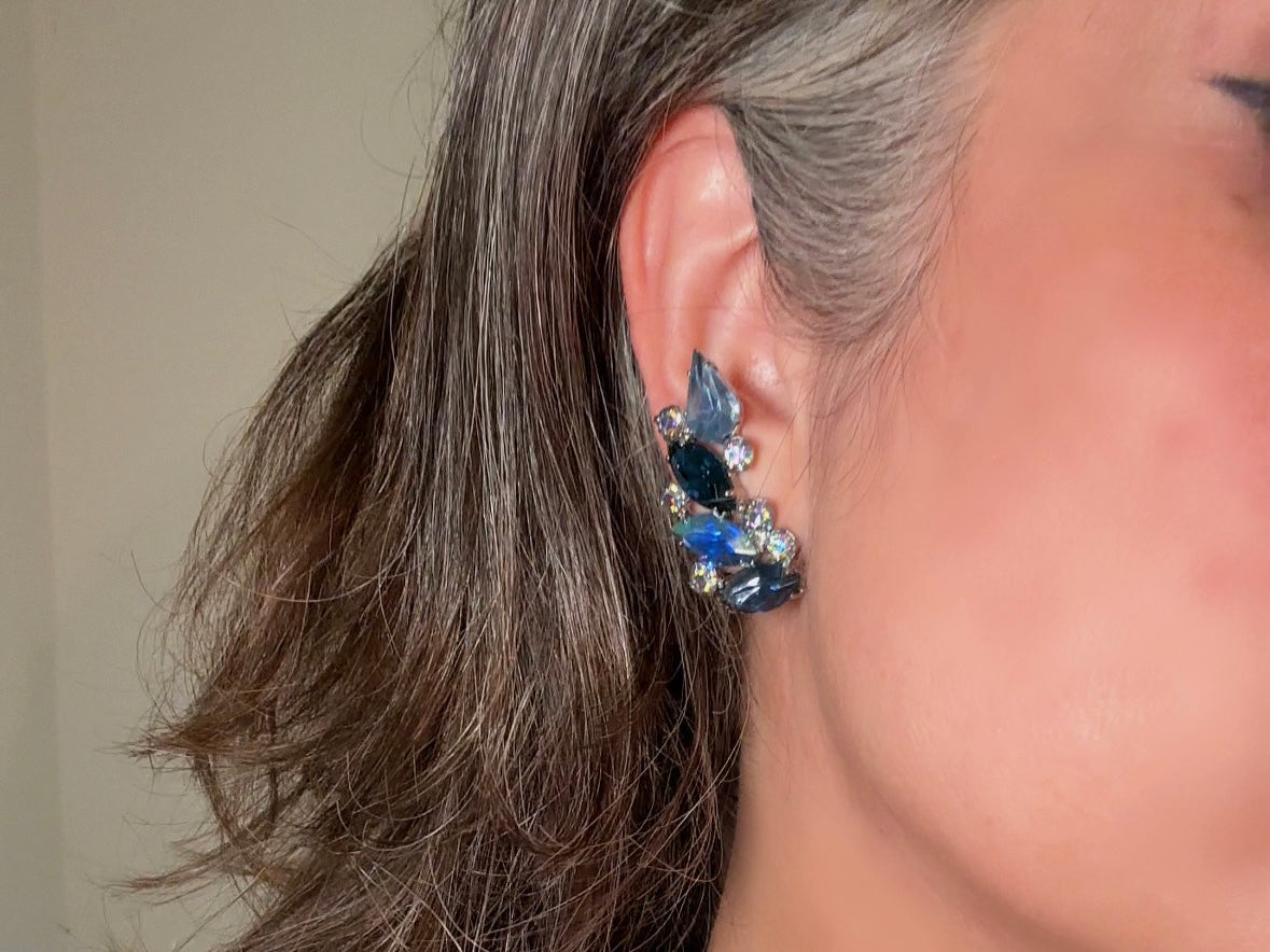 Blue Vintage Crystal Cocktail Earrings, 1960s Marquise Rhinestone Climber Statement Earrings