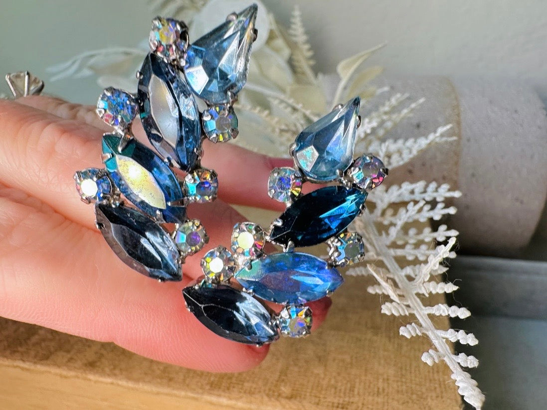 Blue Vintage Crystal Cocktail Earrings, 1960s Marquise Rhinestone Climber Statement Earrings