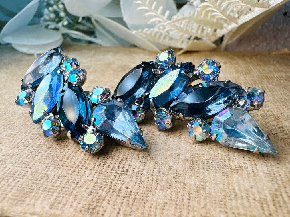 Blue Vintage Crystal Cocktail Earrings, 1960s Marquise Rhinestone Climber Statement Earrings