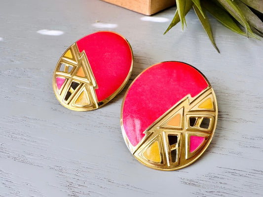 Bright Vintage Berebi Earrings, Red Orange Yellow Big Oval Geometric 80s Designer Earrings, 1980s Pierced Enamel Lace Cut Out Earrings