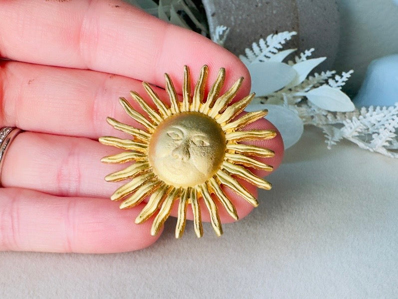 Brushed Gold Sun Brooch, Vintage Celestial 90s Pin