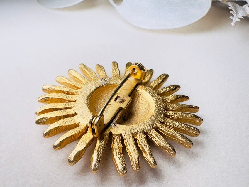 Brushed Gold Sun Brooch, Vintage Celestial 90s Pin