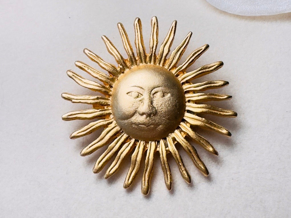 Brushed Gold Sun Brooch, Vintage Celestial 90s Pin