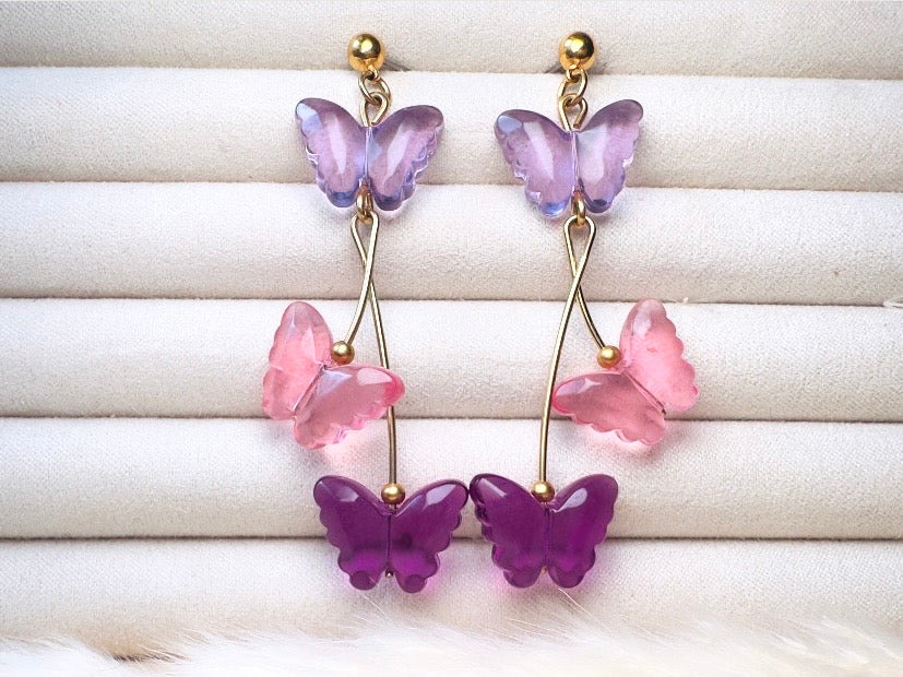 Butterfly Earrings in Pink and Purple, Vintage Acrylic Dangle Earrings