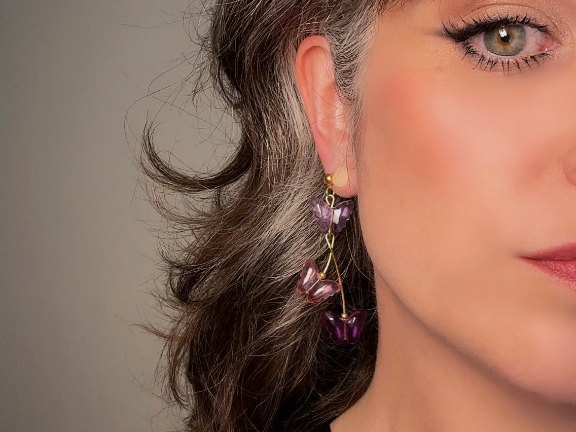 Butterfly Earrings in Pink and Purple, Vintage Acrylic Dangle Earrings