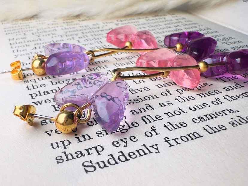 Butterfly Earrings in Pink and Purple, Vintage Acrylic Dangle Earrings