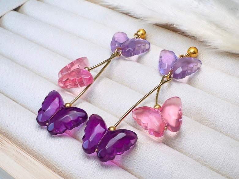 Butterfly Earrings in Pink and Purple, Vintage Acrylic Dangle Earrings