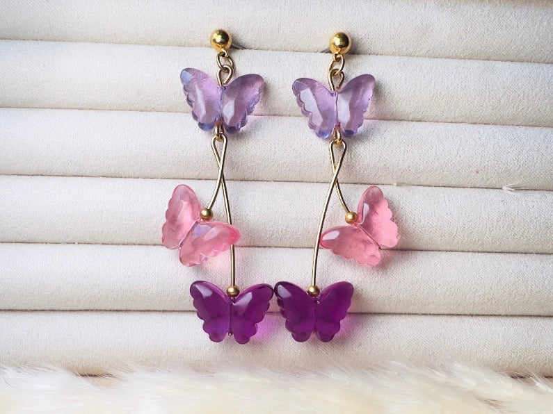 Butterfly Earrings in Pink and Purple, Vintage Acrylic Dangle Earrings