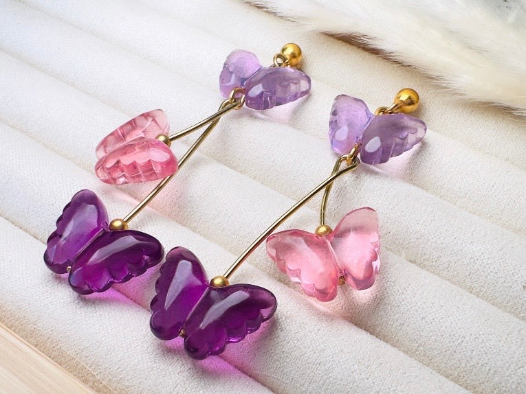 Butterfly Earrings in Pink and Purple, Vintage Acrylic Dangle Earrings