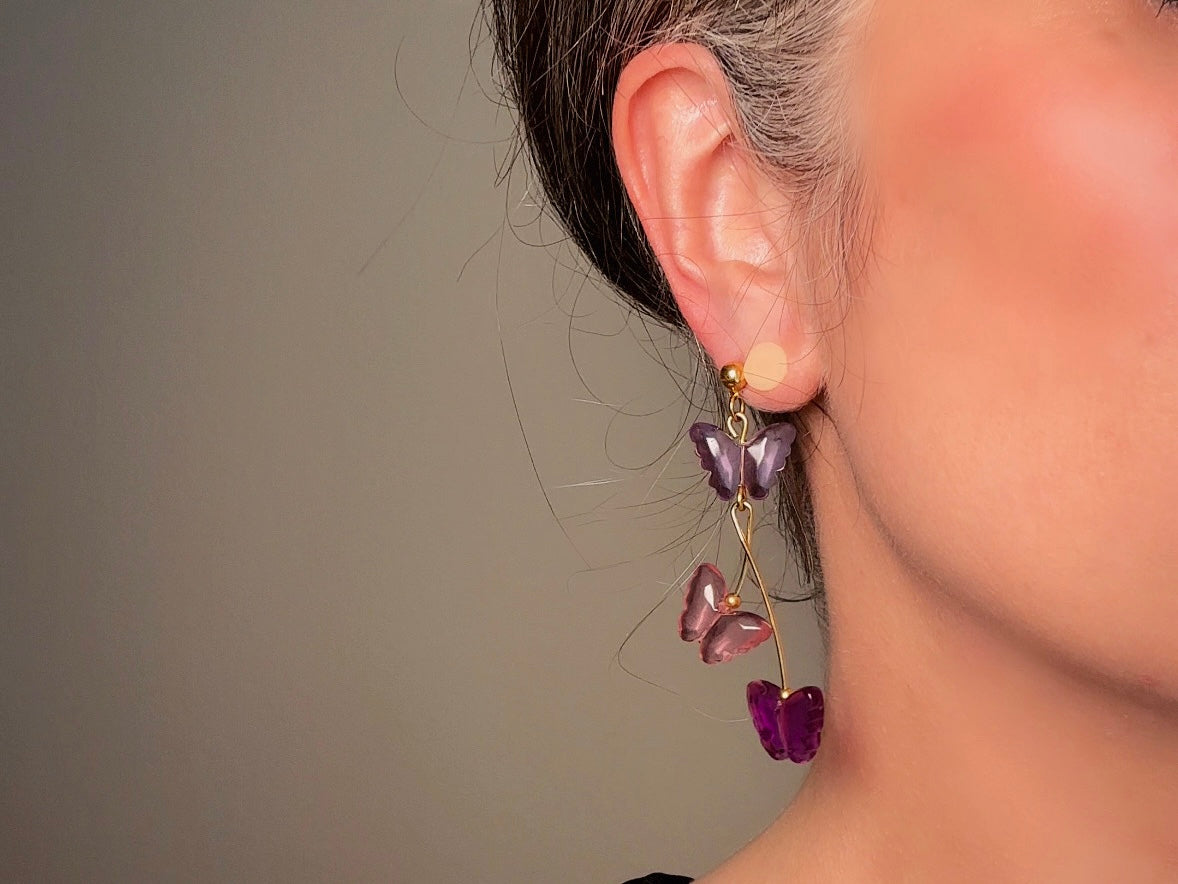 Butterfly Earrings in Pink and Purple, Vintage Acrylic Dangle Earrings