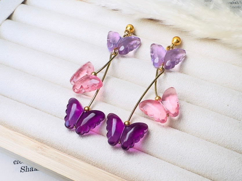 Butterfly Earrings in Pink and Purple, Vintage Acrylic Dangle Earrings