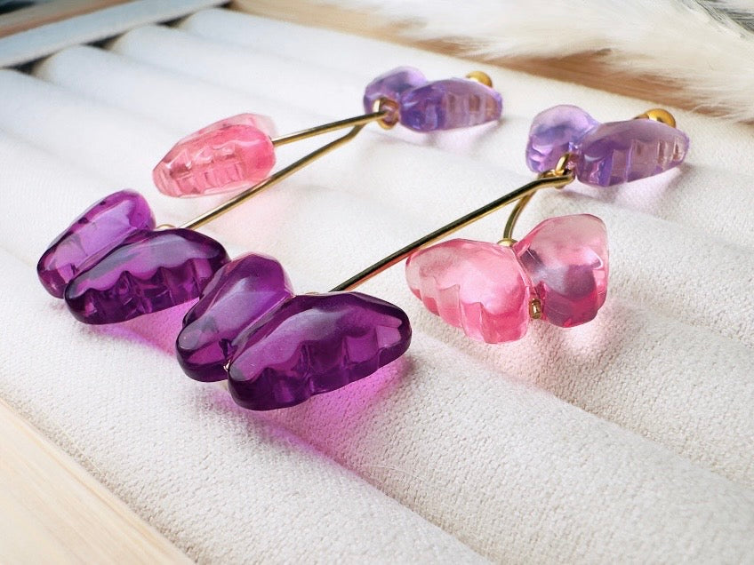 Butterfly Earrings in Pink and Purple, Vintage Acrylic Dangle Earrings