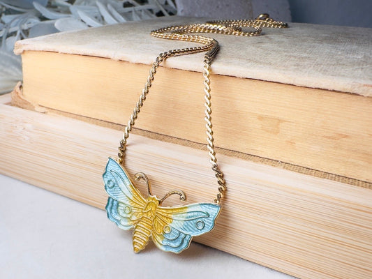 Butterfly Necklace, Vintage Blue and Yellow Enamel Butterfly Pendant on Gold Chain, Colorful Spring Jewelry Gifts for Her