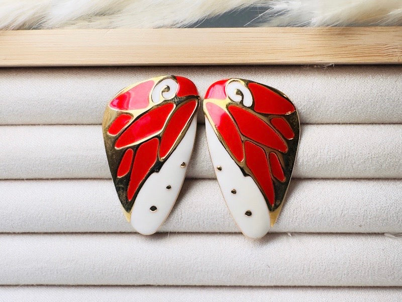 Butterfly Wing Earrings, Vintage Berebi Enamel Earrings in Red and White
