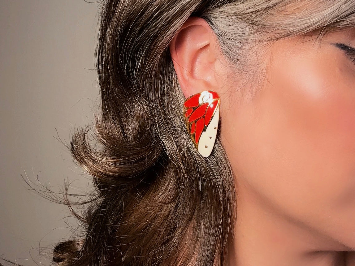 Butterfly Wing Earrings, Vintage Berebi Enamel Earrings in Red and White