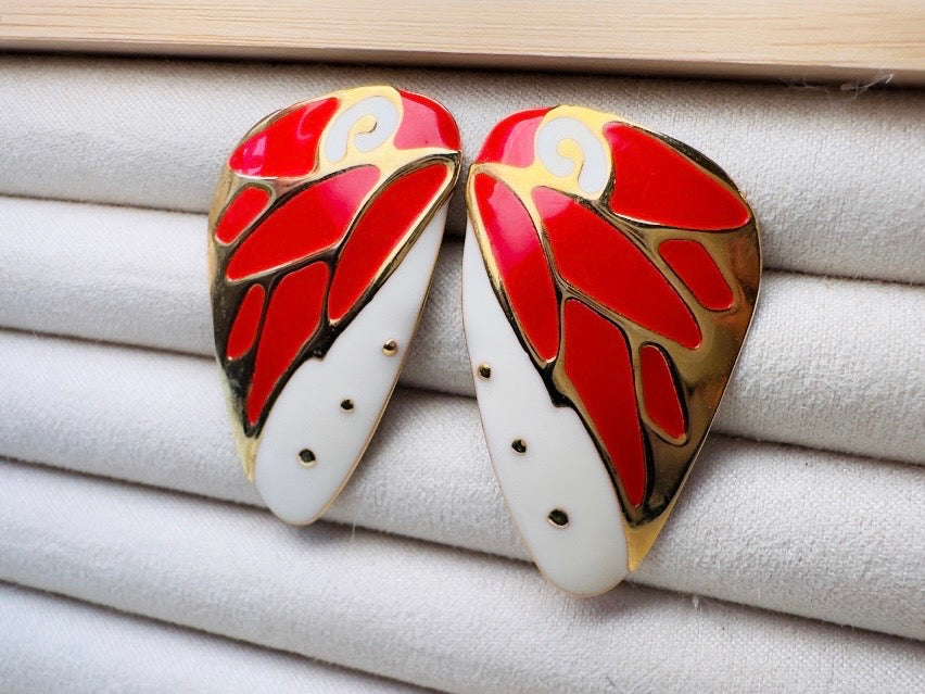 Butterfly Wing Earrings, Vintage Berebi Enamel Earrings in Red and White