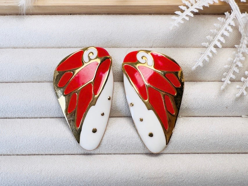 Butterfly Wing Earrings, Vintage Berebi Enamel Earrings in Red and White