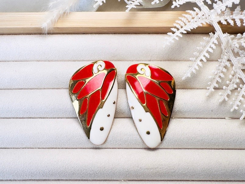 Butterfly Wing Earrings, Vintage Berebi Enamel Earrings in Red and White