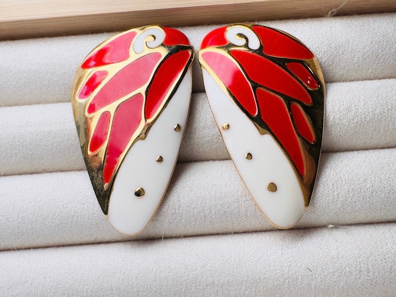 Butterfly Wing Earrings, Vintage Berebi Enamel Earrings in Red and White