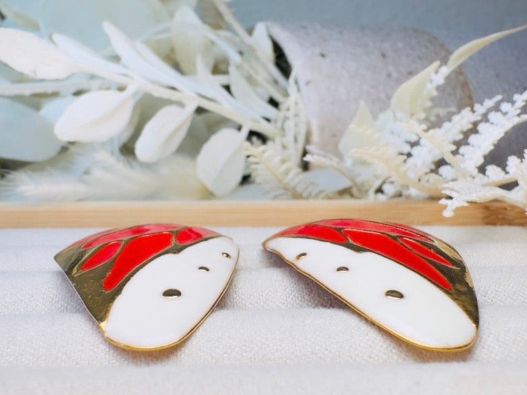 Butterfly Wing Earrings, Vintage Berebi Enamel Earrings in Red and White