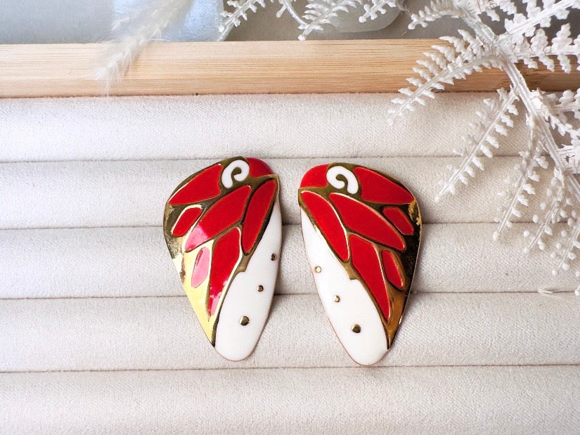 Butterfly Wing Earrings, Vintage Berebi Enamel Earrings in Red and White