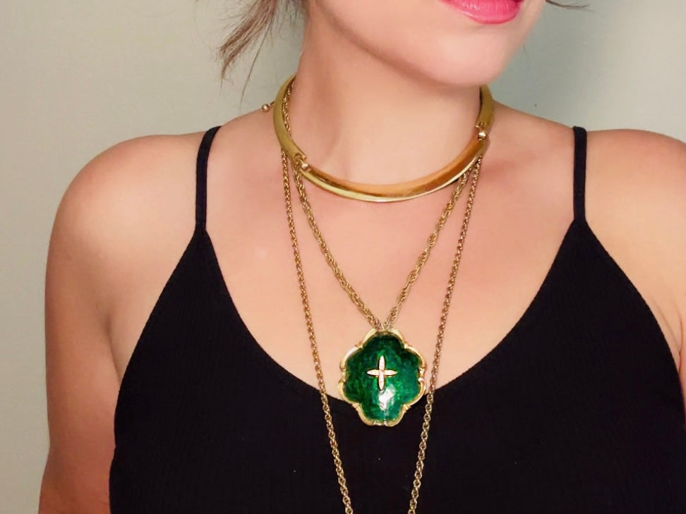 Vintage Green Pendant Necklace, Rare Vintage Marvella Necklace, Green and Gold Long Chain Necklace for Layering, Ornate Rhinestone Detail