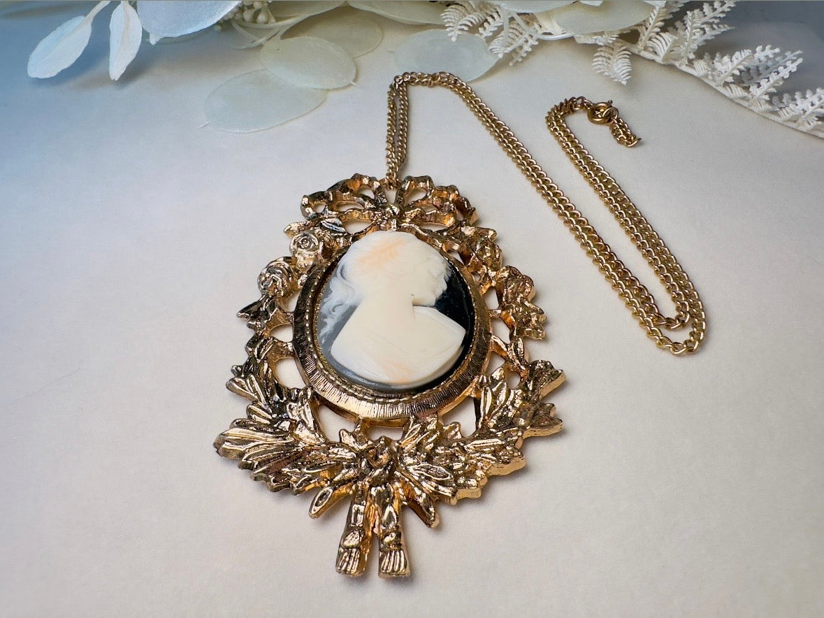 Victorian Cameo Necklace, Vintage Oversized Antique Gold Pendant Necklace with Black and Cream Cameo