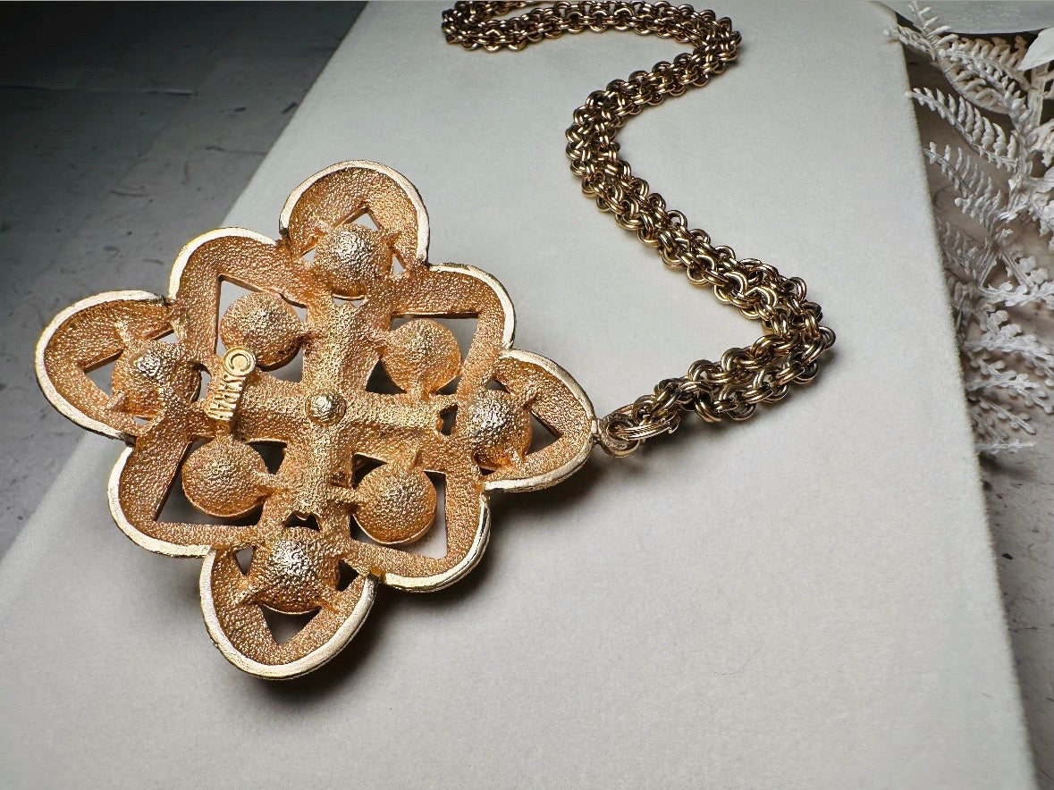 Vintage Maltese Cross Pendant Necklace with Topaz and Citrine Crystals, 1970s Gold Starburst Necklace, Big Bold 70s Pendant Necklace