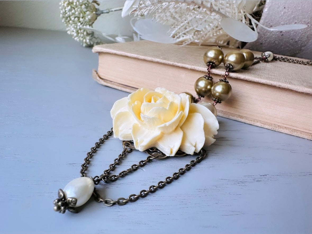 Bridgerton Inspired Necklace, One of a Kind Handmade Cream Rose Cameo Necklace with Draped Chain and Wire Wrapped Pearls Elegant Regency Era