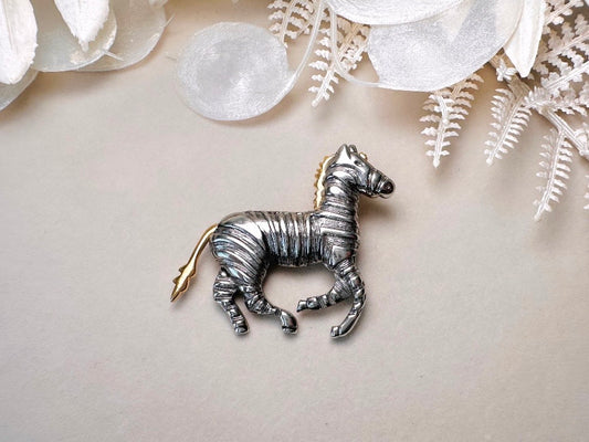 Vintage Zebra Brooch Pin, Liz Claiborne Mixed Metal Silver and Gold Wild Zebra Pin