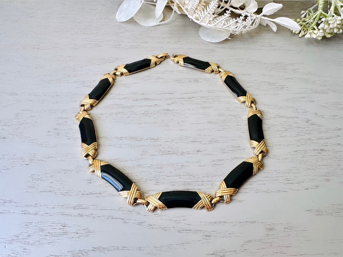 Vintage Monet Necklace Black Enamel and Gold X Choker Necklace, Runway Couture Signed Designer Vintage 1980s Mogul Necklace