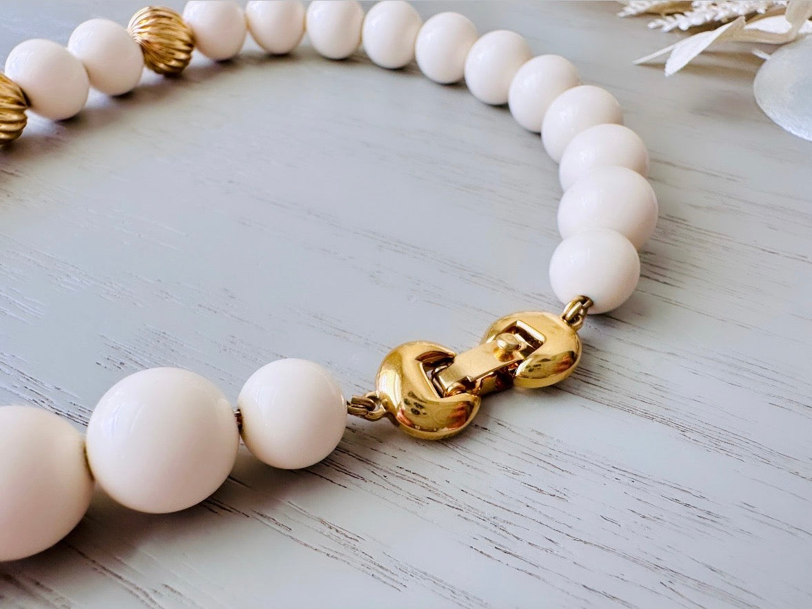 Vintage Monet Choker, Bisque White Round Beaded Necklace with Textured Gold Accent Beads, Classic Cream & Gold Signed Vintage Bead Necklace