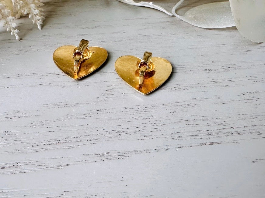 Gold Heart Earrings, Textured Hammered Gold Heart Shaped Clip on Earrings, Unique Vintage 80s Earrings, Pretty Cute Earrings Gifts for Her