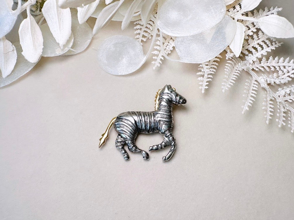 Vintage Zebra Brooch Pin, Liz Claiborne Mixed Metal Silver and Gold Wild Zebra Pin