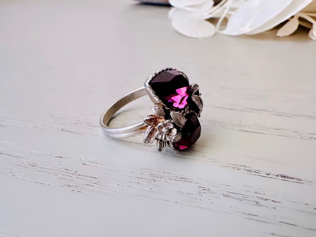 Purple Heart Valentine Ring, February Birthstone Ring, Vintage 1973 Amethyst Ring, Double Heart Love Story Cocktail Ring Sarah Coventry