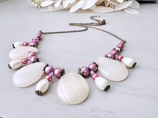 Purple Pearl Necklace with White Gemstones, Bib Necklace Statement, White Italian Onyx Teardrops, Lilac Freshwater Pearls, Plum Crystals