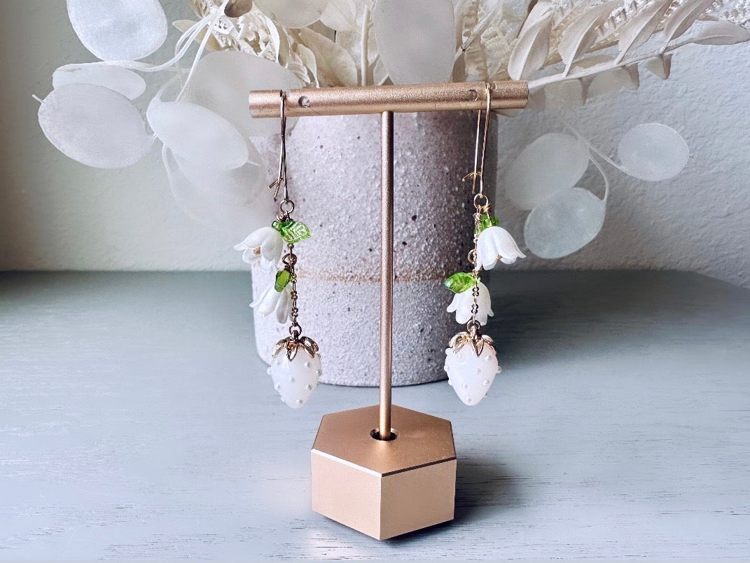 White Strawberry Earrings, Original Handmade 24k Gold + Murano Glass Earring, Pearl Strawberry + Dainty Bell Flower Glass Dangle Earrings by Piggle and Pop