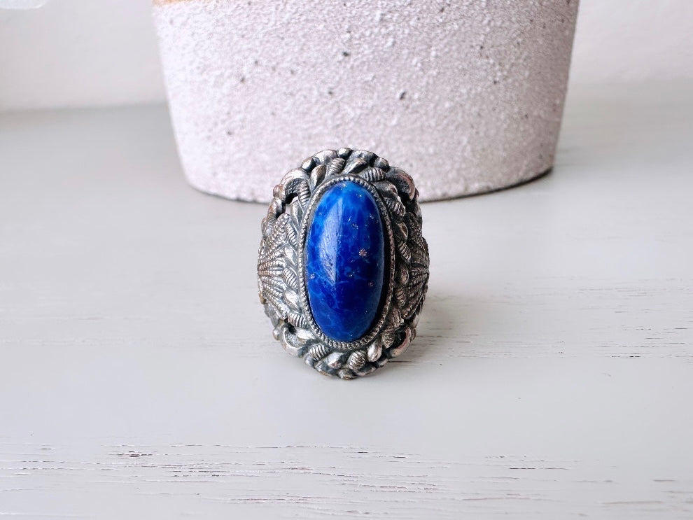 Vintage Lapis Lazuli Ring, Oversized Gemstone Ring, Blue Stone Ring, Natural Blue Ring, Pyrite Flecks, Bohemian Boho Big Ring Size 7