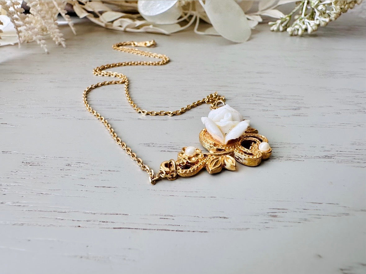 Porcelain Rose Necklace, Vintage 1970s Necklace, 18" Gold Flower Necklace, Tiny Pearls Scrolled Pendant, Dainty Victorian Revival Necklace