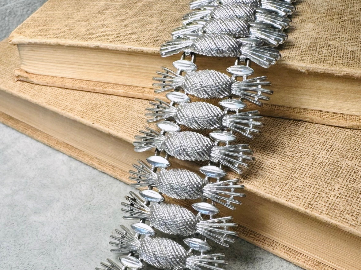 Vintage Silver Bracelet, Thick Articulated Metal Panel Bracelet, Large Chunky Silver Sarah Coventry Simply Elegant Pineapple Bracelet