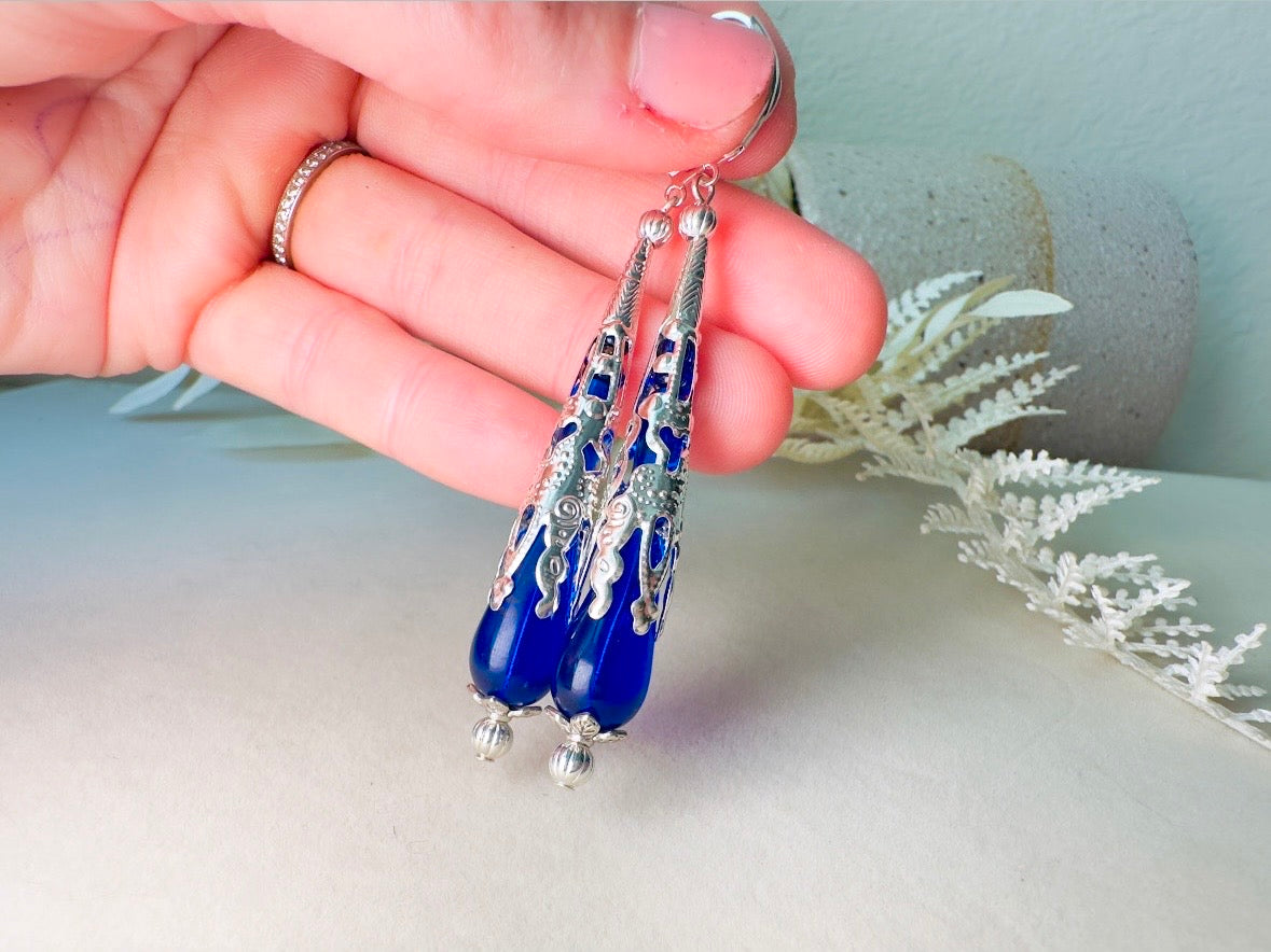 Blue Teardrop Earrings, Long Handmade Cobalt Blue Czech Glass Beaded Drop Earrings with Victorian Silver Filigree Cones