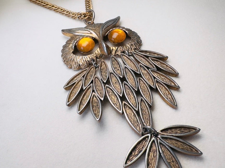 Gold Owl Pendant Necklace, Vintage 1970s Articulated Statement Necklace