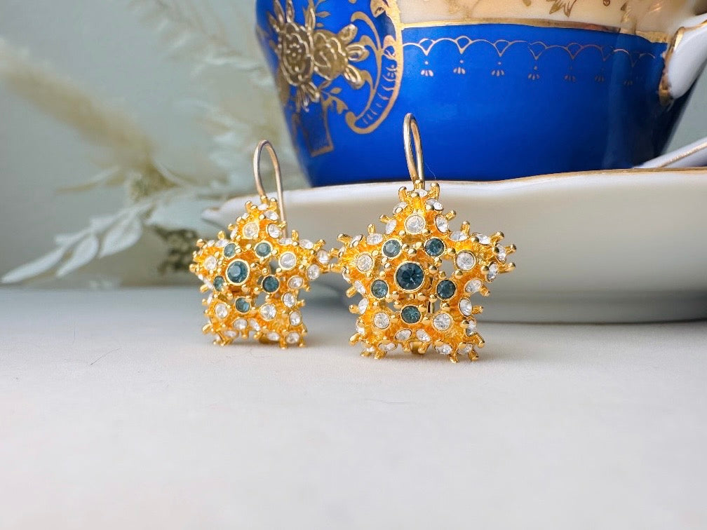 Gold Star Earrings with Sapphire and Diamond Crystals, Vintage Nolan Miller Leverback Celestial Earrings, Sparkling Holiday Jewelry