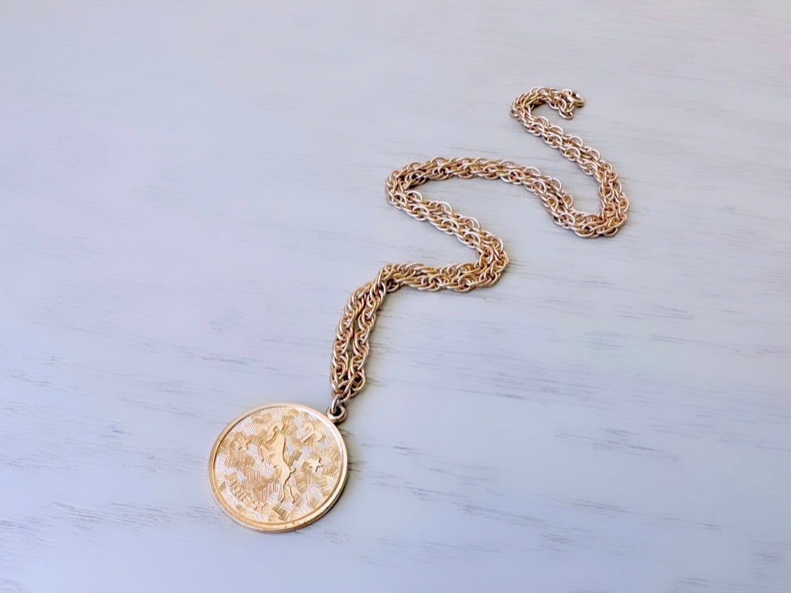 Vintage Aries Zodiac Necklace, Star Sign Astrology Necklace, Unique Birthday Necklace, 20" Long Gold Aries Astrology Pendant Coin Necklace