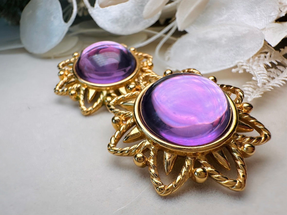 Purple Trifari Jelly Belly Sun Earrings, Rare Moonglow Violet Domed Glass Earrings