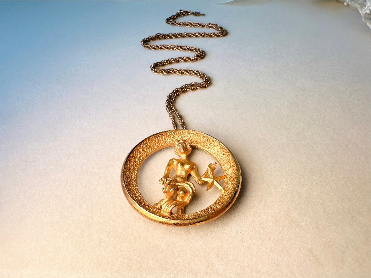 RARE Vintage Virgo Zodiac Necklace, Signed Trifari Star Sign Astrology Necklace September Birthday Gift Necklace, Long Gold Pendant Necklace