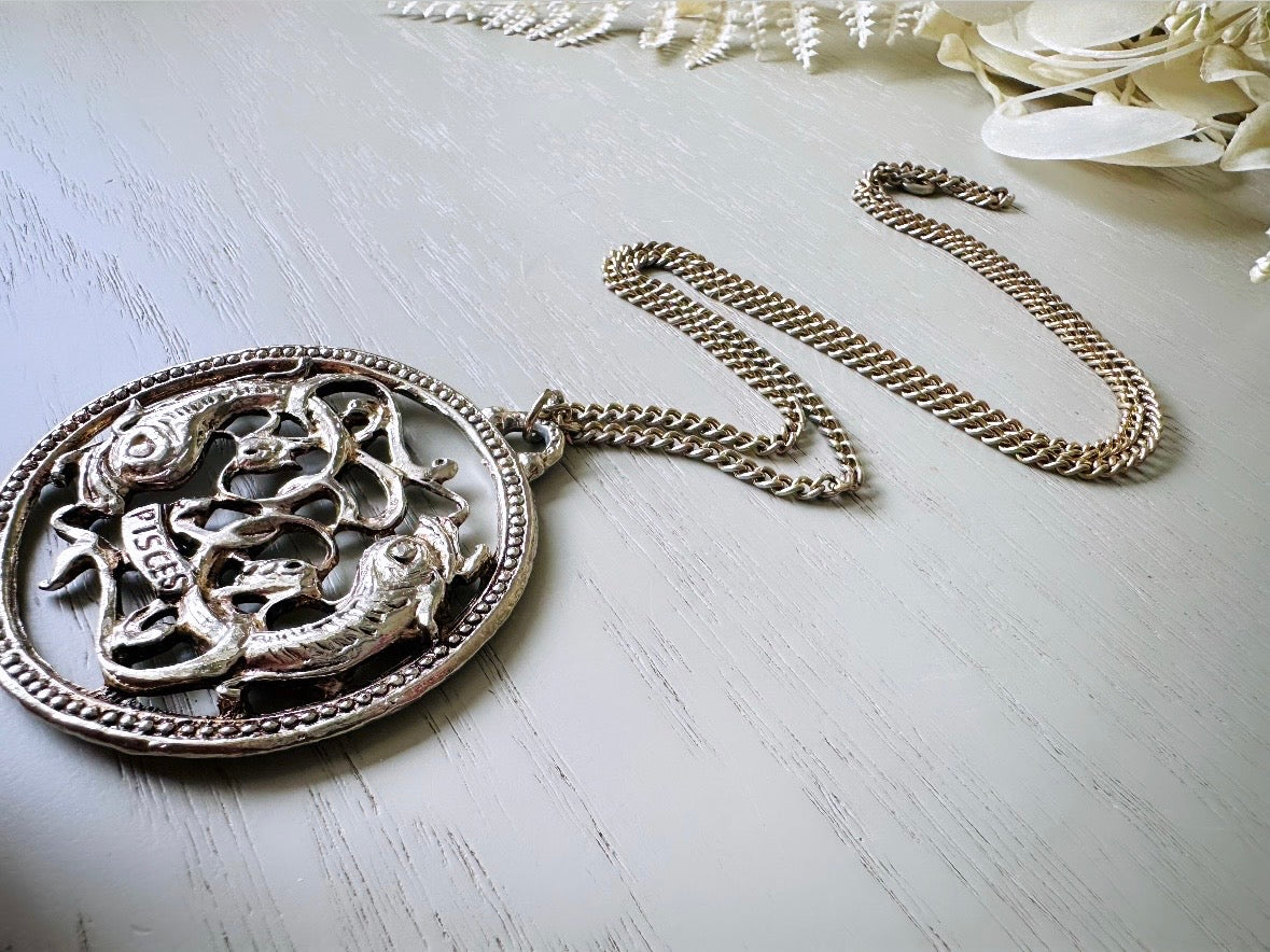 Vintage Pisces Zodiac Necklace, Star Sign Astrology Necklace, Unique Birthday Necklace, 24" Long Silver Pendant Necklace Vintage Astrology