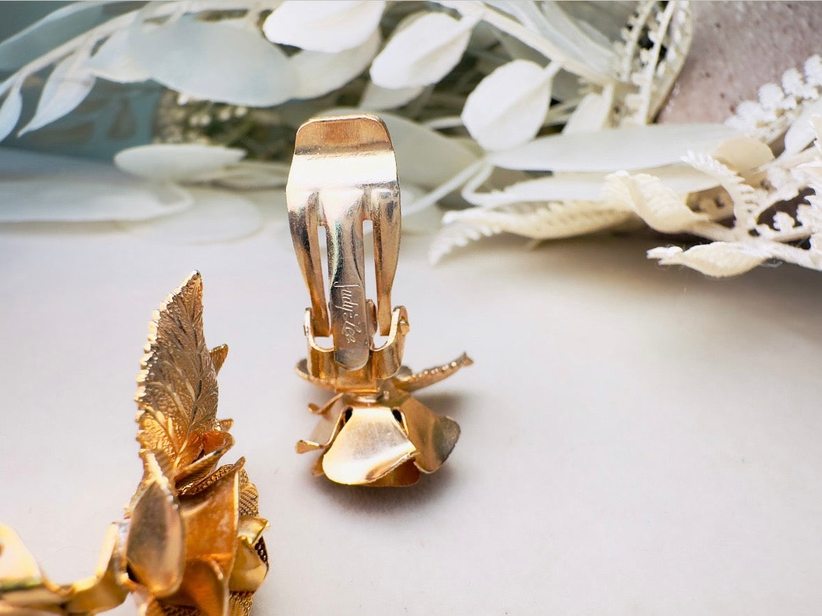 Gold Rose Earrings, Vintage 1960s Clip On Earrings, Sculptutal Gold Leaf Bridal Mesh Rose MCM 60's Clip Earrings, Designer Signed Judy Lee